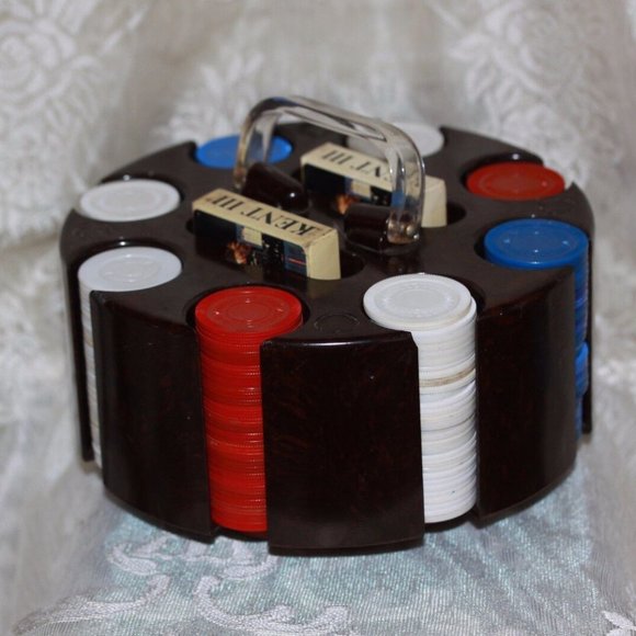 Poker chip carousel caddy 240 Chips Cards Marbleized Wood Base St Louis Vintage - Picture 1 of 3
